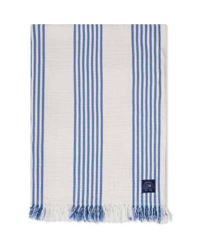 Pled / koc Striped/checked organic cotton throw, white/blue/beige   Lexington  130x170